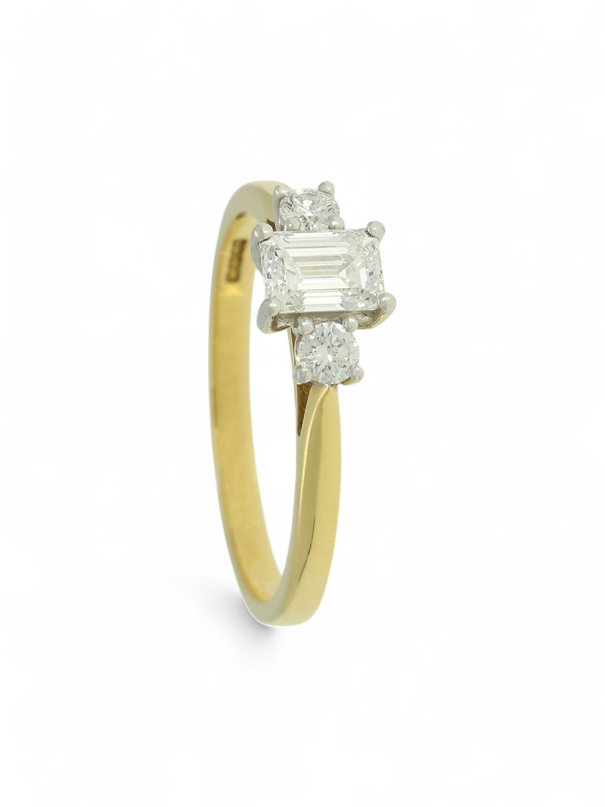 Three Stone Diamond Ring 0.60ct Certificated Emerald & Round Brilliant Cut in 18ct Yellow & White Gold