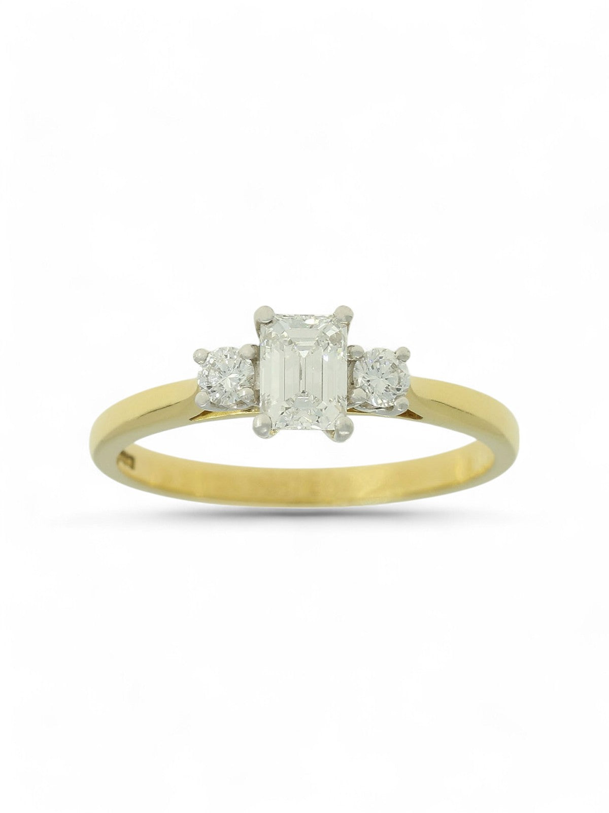 Three Stone Diamond Ring 0.60ct Certificated Emerald & Round Brilliant Cut in 18ct Yellow & White Gold