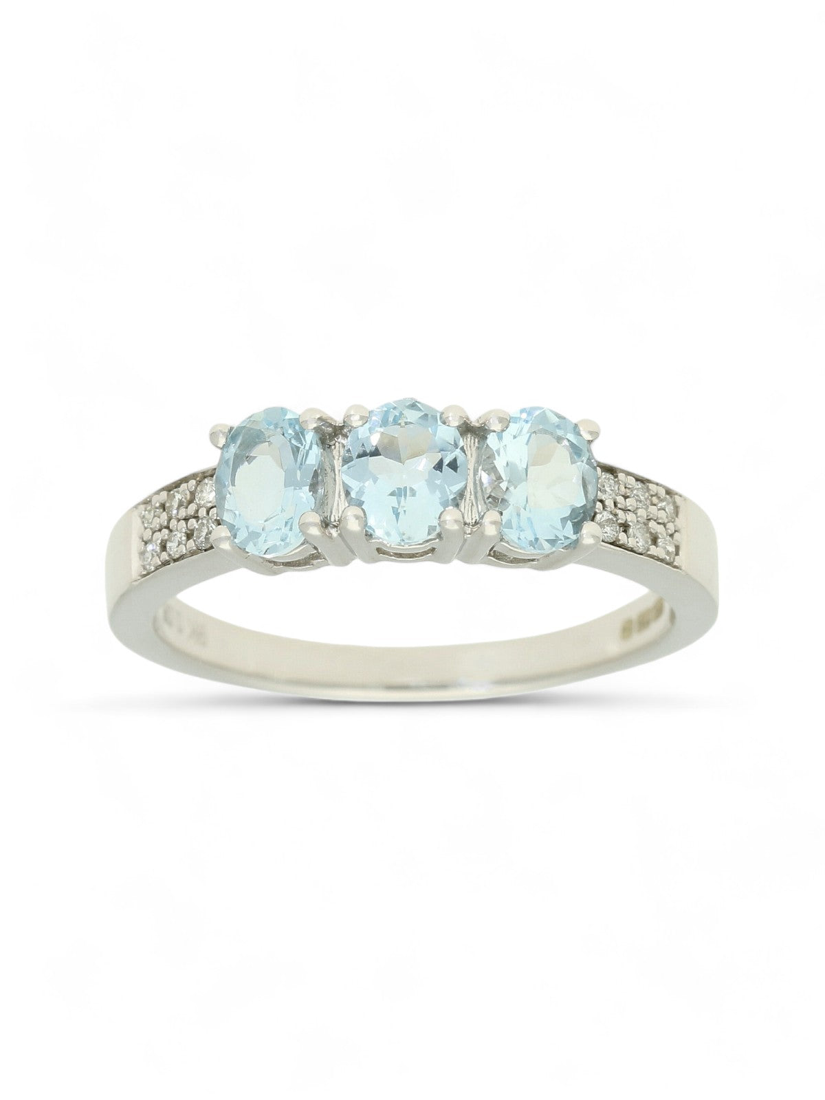 Aquamarine Three Stone Ring with Diamond Set Shoulders in 9ct White Gold