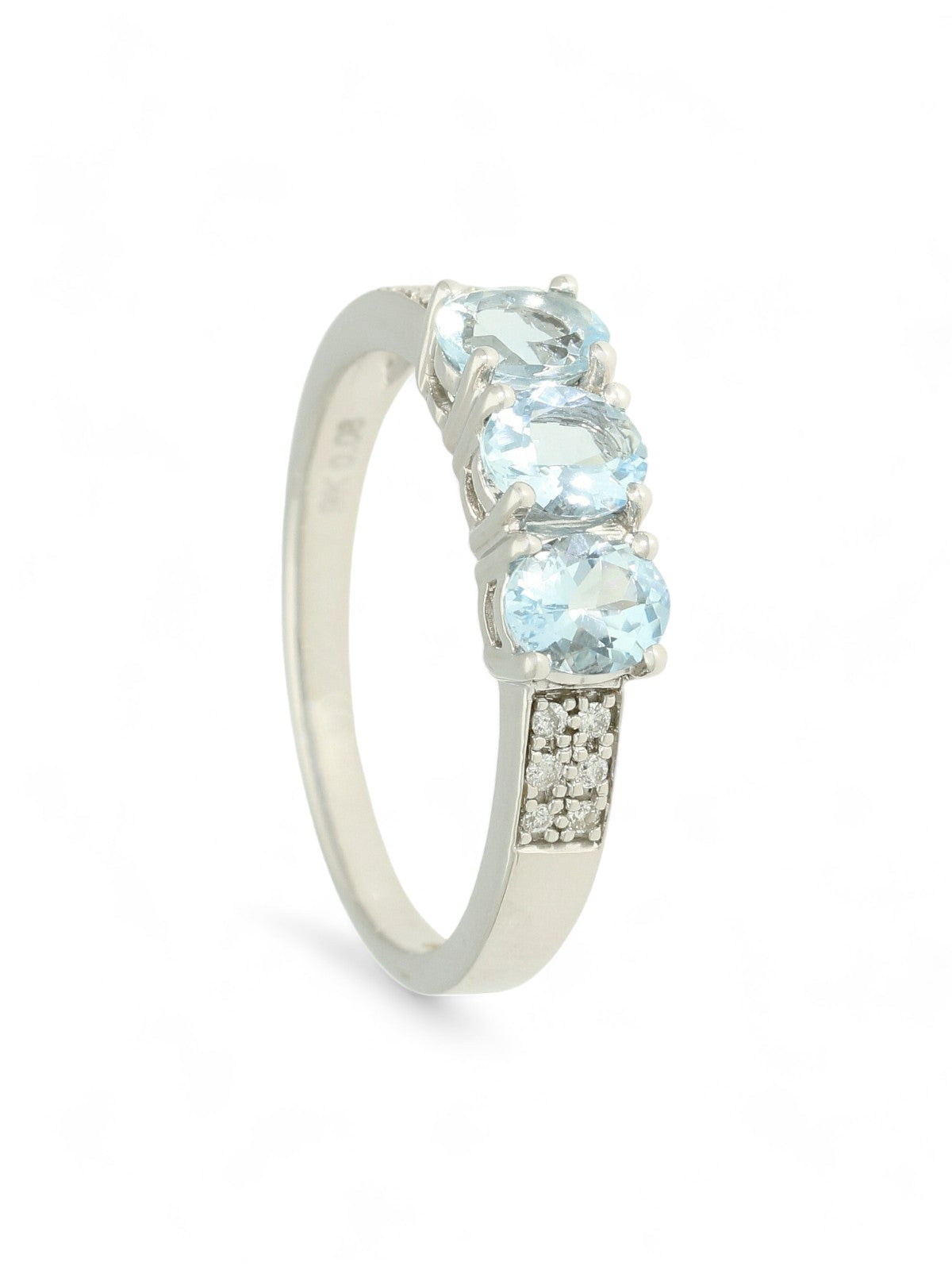 Aquamarine Three Stone Ring with Diamond Set Shoulders in 9ct White Gold