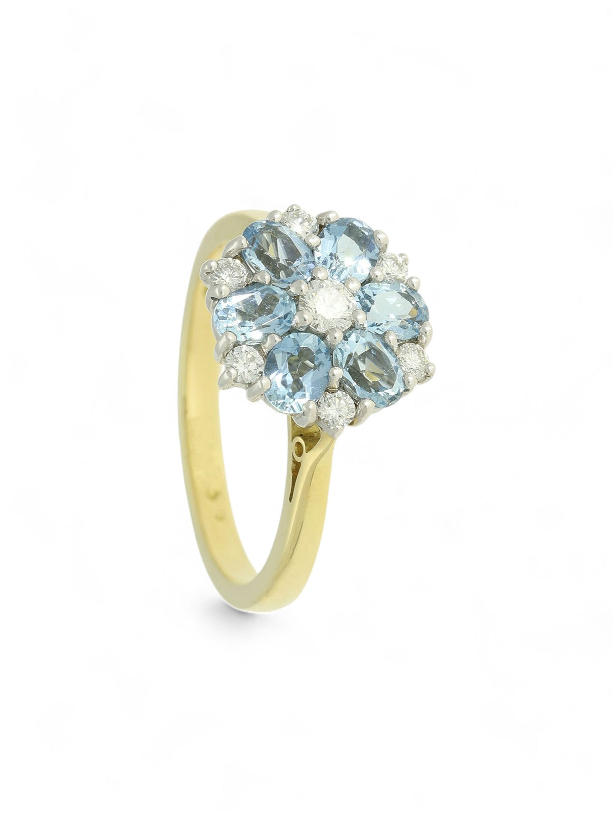 Aquamarine & Diamond Flower Cluster Ring in 18ct Yellow & White Gold
