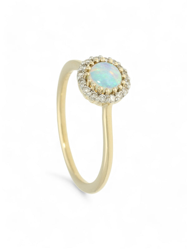 Opal & Diamond Round Brilliant Halo Ring in 9ct Yellow Gold