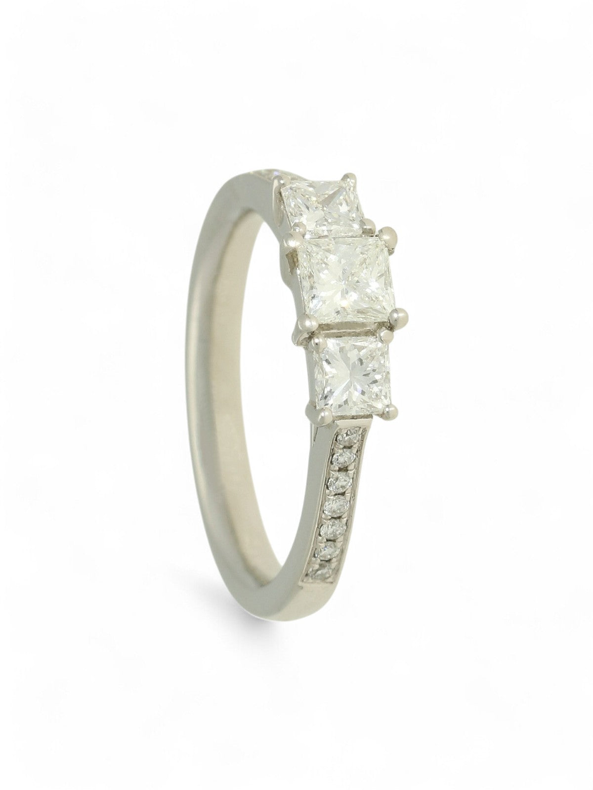 Diamond Three Stone Ring 0.89ct Princess Cut in Platinum with Diamond Shoulders