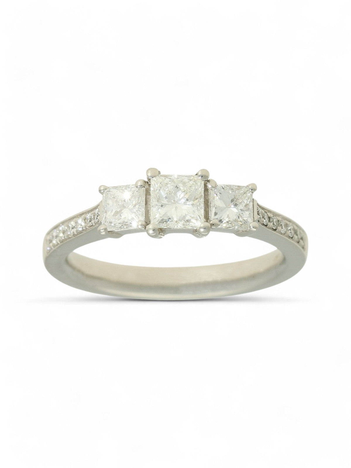 Diamond Three Stone Ring 0.89ct Princess Cut in Platinum with Diamond Shoulders