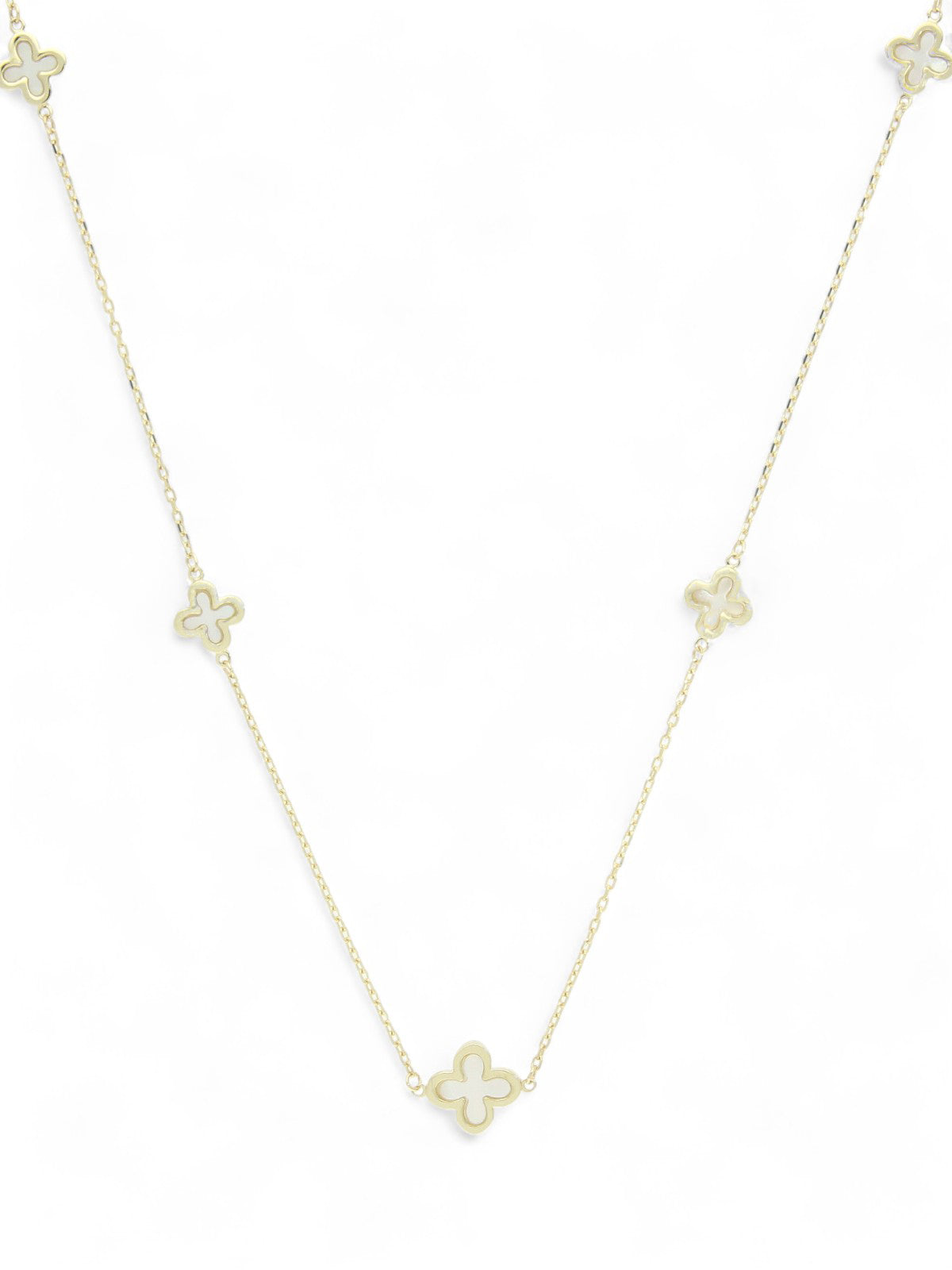 Mother of Pearl Five Flower Station Necklace in 9ct Yellow Gold