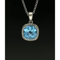 Blue Topaz & Diamond Cushion Cut Halo Pendant Necklace in 9ct White Gold