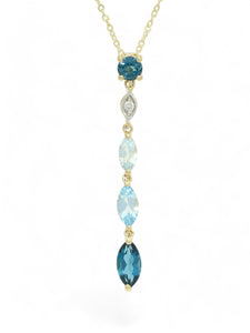 Blue Topaz & Diamond Marquise Drop Pendant Necklace in 9ct Yellow Gold