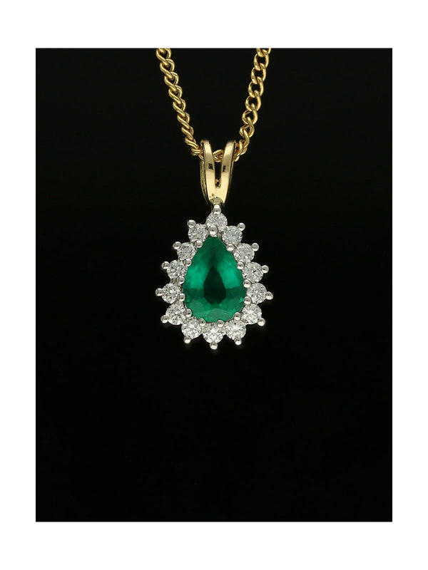 Emerald & Diamond Pear Cut Cluster Pendant in 18ct Yellow & White Gold