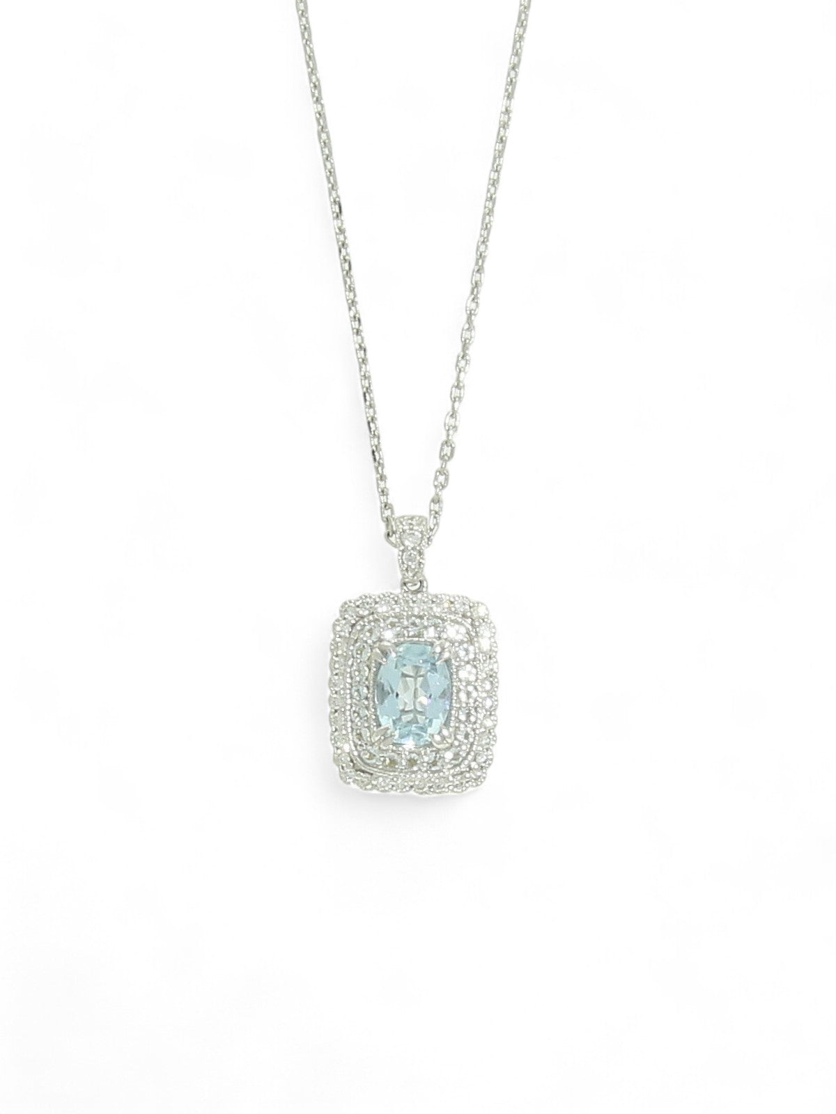 Aquamarine & Diamond Oval Cut Halo Fancy Rectangular Pendant Necklace in 18ct White Gold