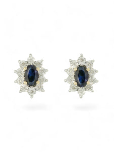 Sapphire & Diamond Oval Cluster Stud Earrings in 9ct Yellow Gold