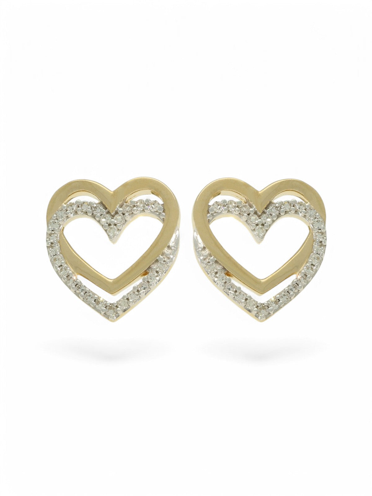Diamond Double Heart Stud Earrings in 9ct Yellow Gold