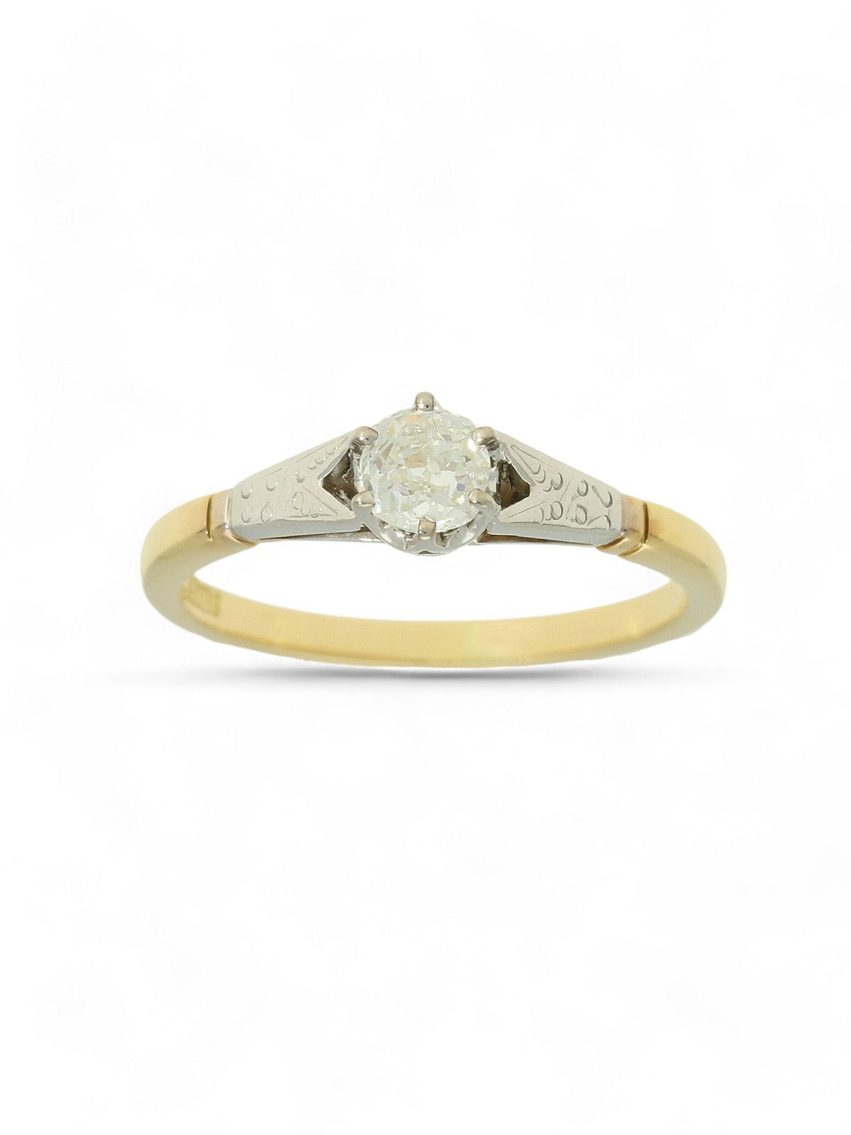SALE Pre Owned Diamond Solitaire Ring 0.40ct Old Victorian Cut in 18ct Yellow and White Gold with Patterned Shoulders