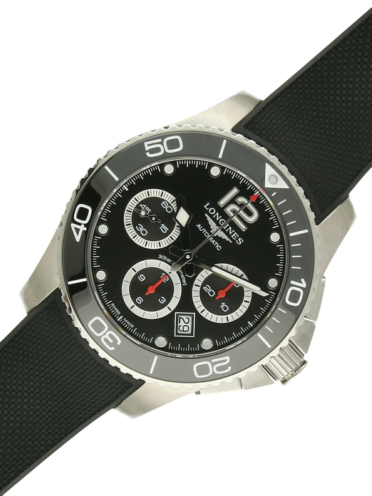 Pre Owned Longines Hydro Conquest Steel Automatic 43mm Watch on Black Rubber Strap