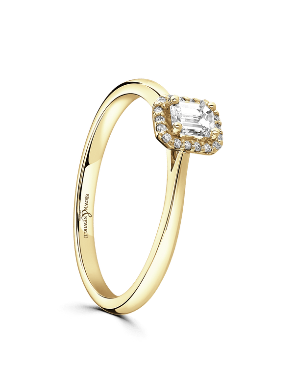 Brown & Newirth Portia 0.30ct Emerald Cut Certificated Diamond Halo Engagement Ring in 18ct Yellow Gold