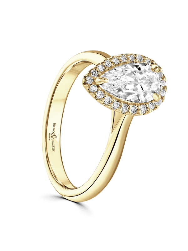 Brown & Newirth Cordelia 0.70ct Pear Cut Certificated Diamond Halo Engagement Ring in 18ct Yellow Gold