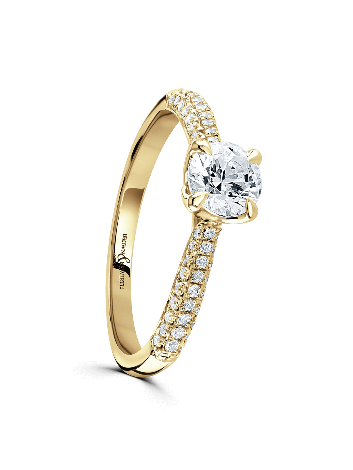 Brown & Newirth Leilani 0.70ct Brilliant Cut Certificated Diamond Solitaire Engagement Ring in 18ct Yellow Gold with Diamond Set Shoulders