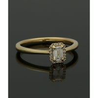 Diamond Halo Engagement Ring 0.30ct Certificated Emerald Cut in 18ct Yellow Gold