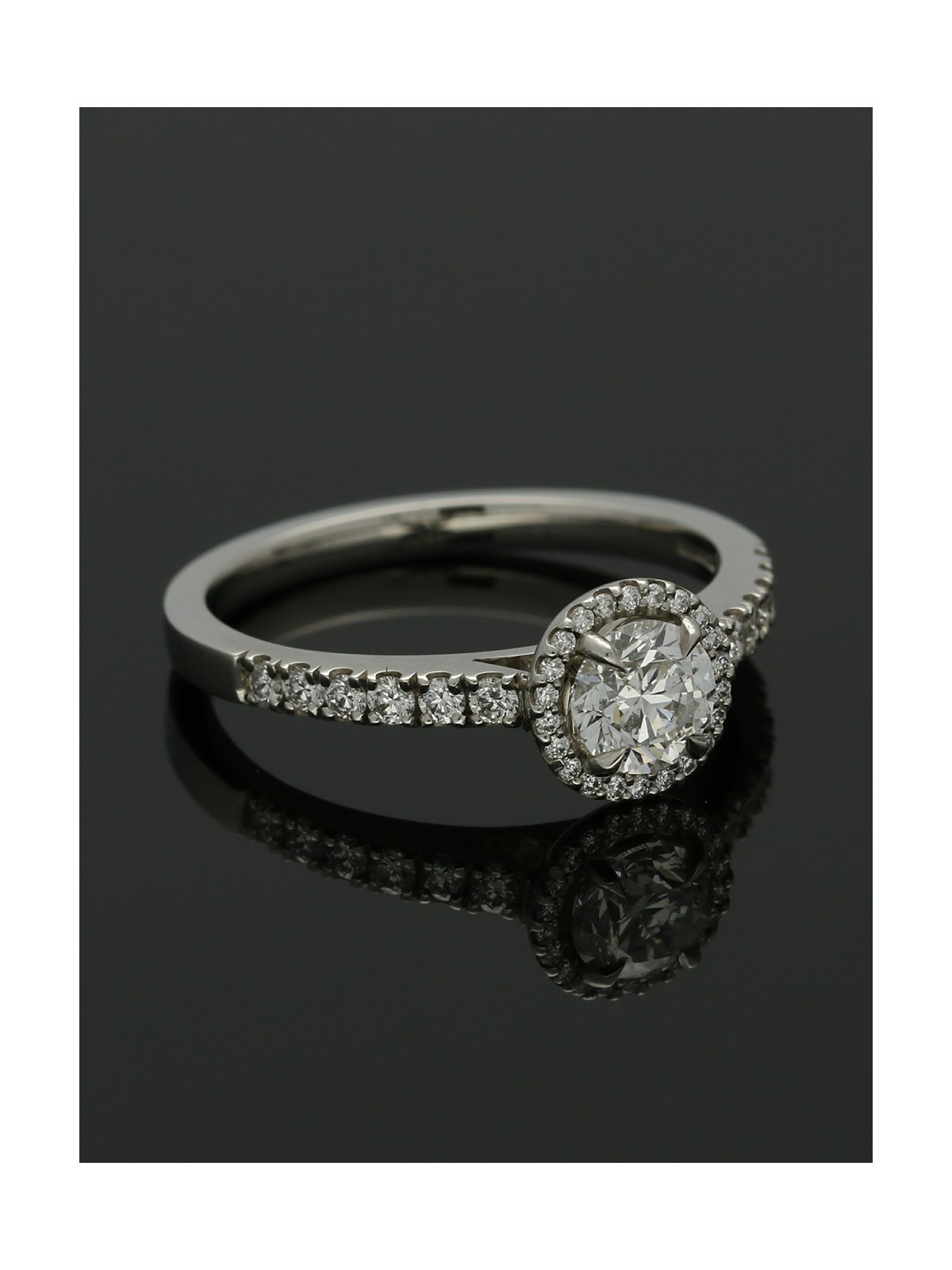 Diamond Halo Engagement Ring 0.50ct Certificated Round Brilliant Cut in Platinum with Diamond Shoulders