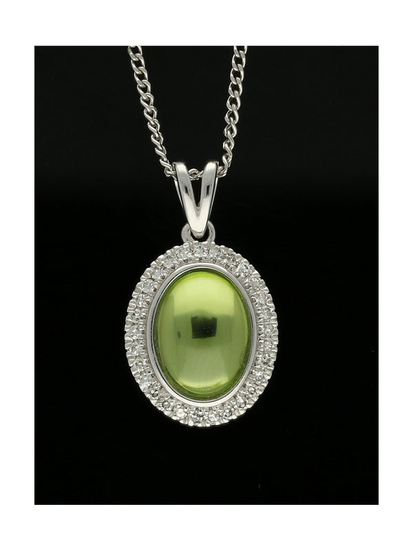 Oval Cabachon Peridot and Diamond Cluster Pendant Necklace in 9ct White Gold