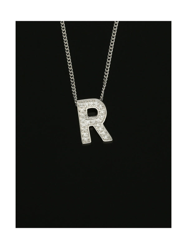 Diamond Round Brilliant Channel Set Letter 'R' Pendant Necklace in 9ct White Gold
