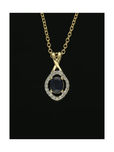 Sapphire & Diamond Oval Halo Drop Pendant in 9ct Yellow Gold