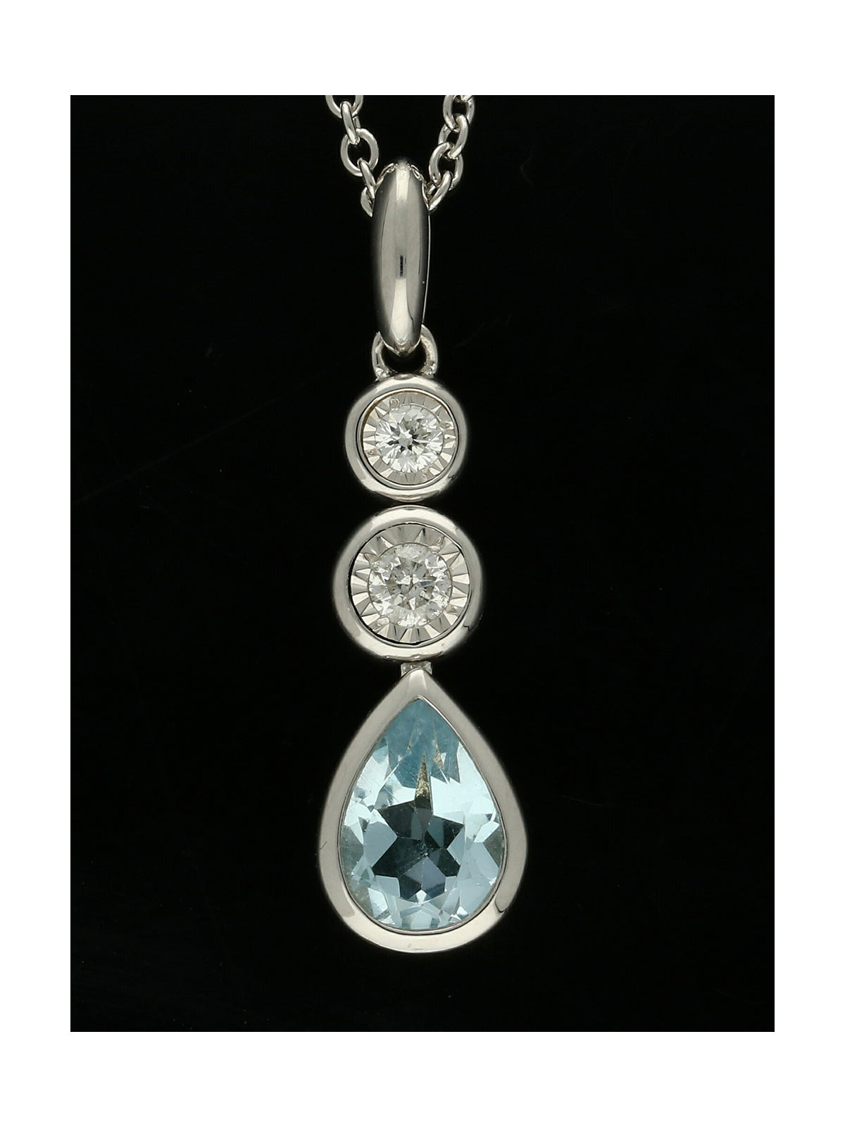Blue Topaz & Diamond Three Stone Drop Pendant Necklace in 9ct White Gold