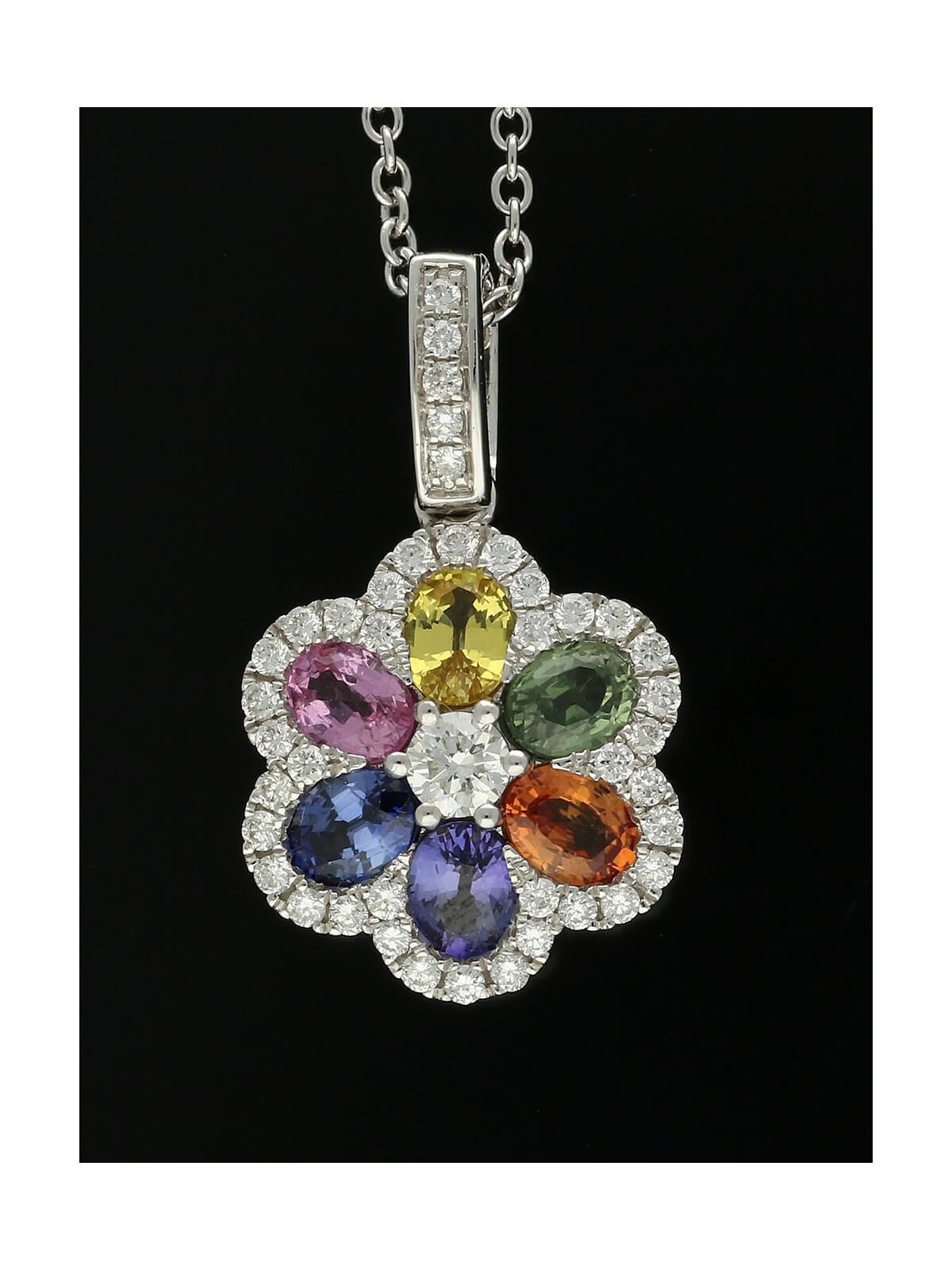 Rainbow Sapphire & Diamond Floral Cluster Pendant Necklace in 18ct White Gold
