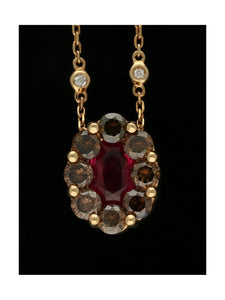 Ruby & Brown Diamond Cluster Pendant Necklace in 18ct Rose Gold