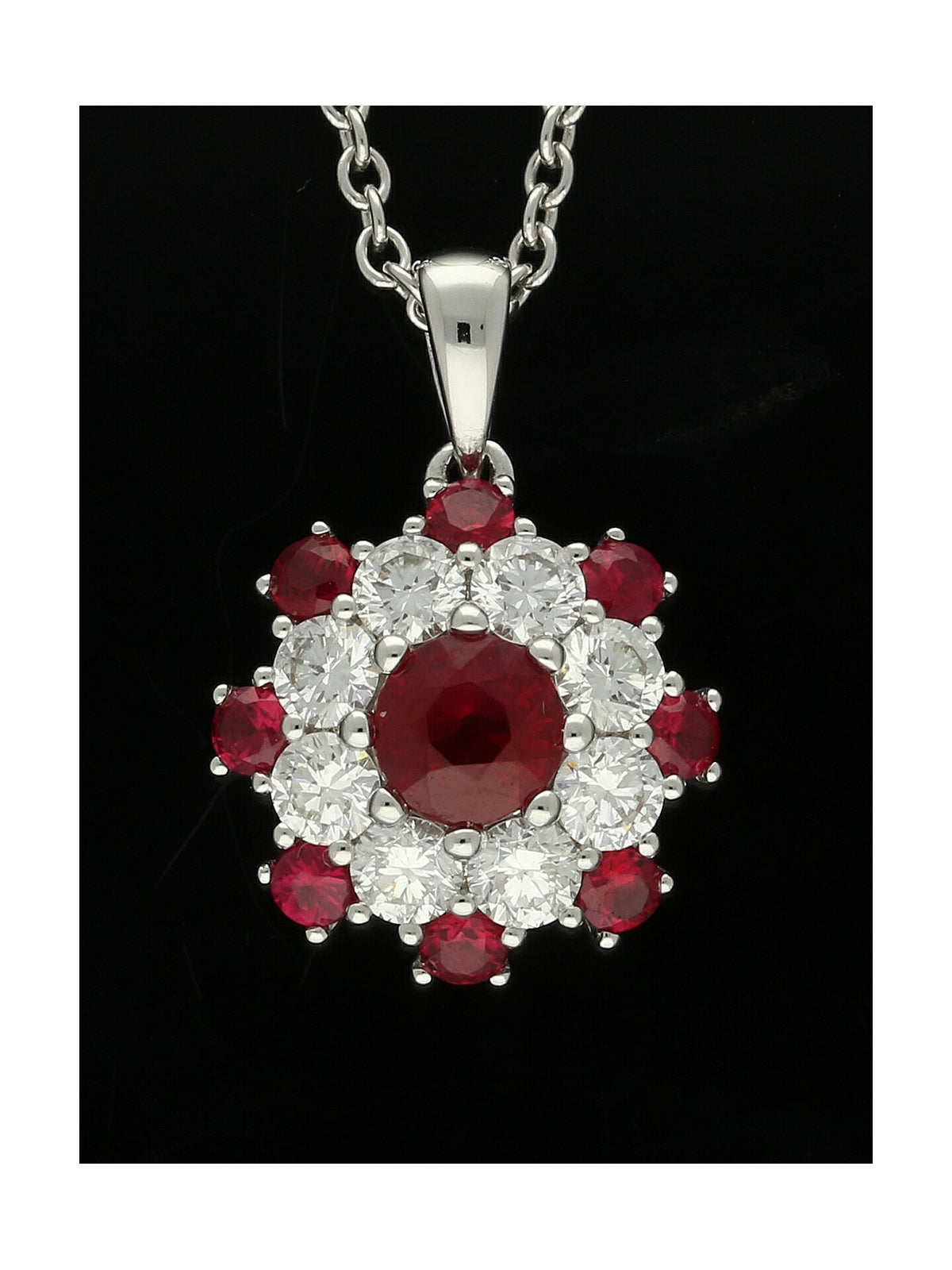 Ruby & Diamond Cluster Pendant Necklace in 18ct White Gold