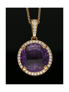 Amethyst & Diamond Round Cluster Pendant Necklace in 18ct Rose Gold
