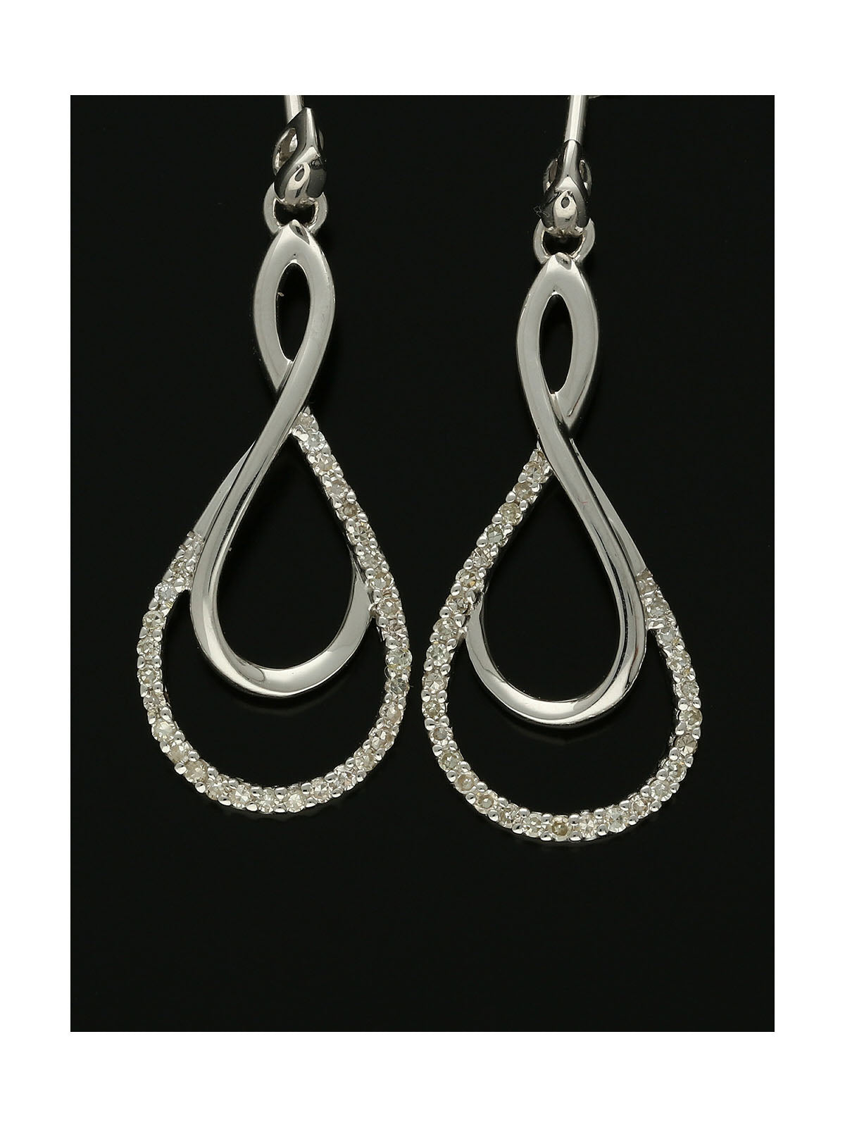 Diamond Set Openwork Double Teardrop Twist Drop Earrings in 9ct White Gold