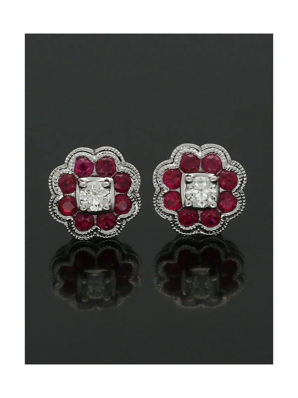 Ruby & Diamond Flower Cluster Stud Earrings in 18ct White Gold