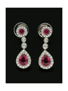 Ruby & Diamond Cluster Drop Earrings in 18ct White Gold