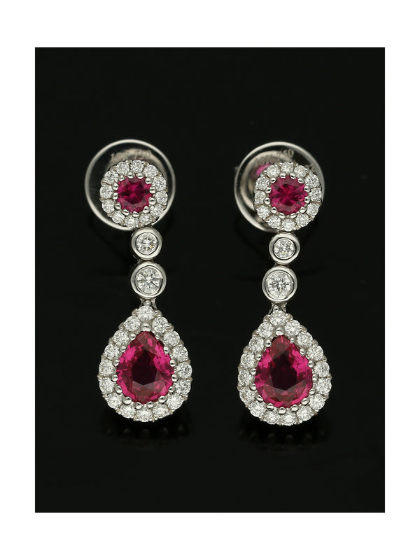Ruby & Diamond Cluster Drop Earrings in 18ct White Gold
