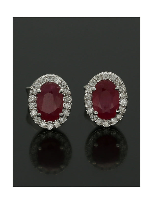 Ruby & Diamond Cluster Oval Stud Earrings in 18ct White Gold