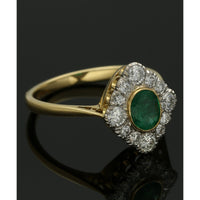 Pre Owned Emerald and Diamond Cluster Ring in 18ct Yellow Gold