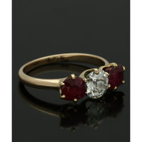Pre Owned Ruby & Diamond Three Stone Ring in 18ct Yellow Gold