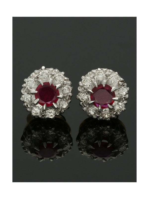 Pre Owned Ruby and Diamond Cluster Stud Earrings in Yellow and White Gold