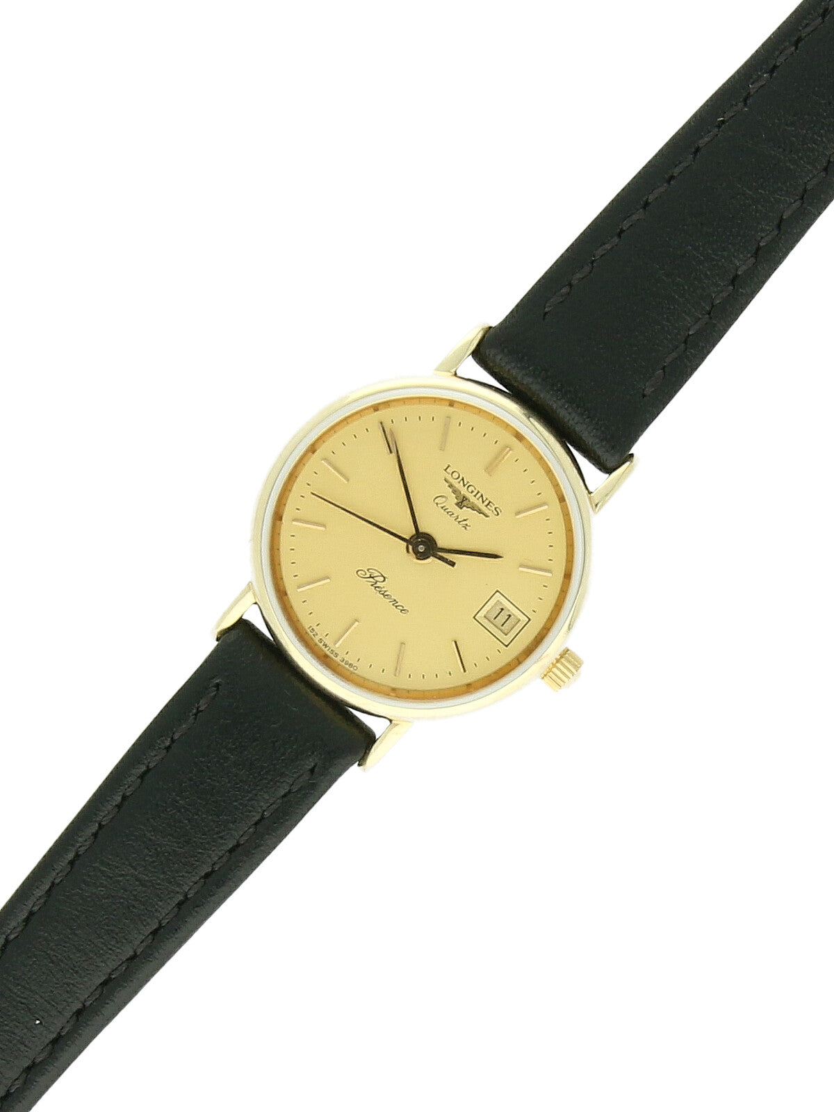 Pre Owned Longines Presence 9ct Yellow Gold Quartz Watch on Black Leather Strap