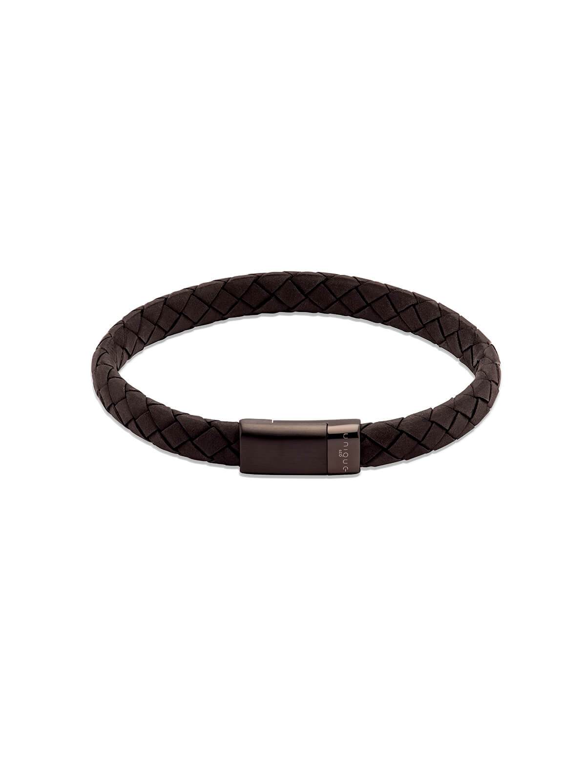 B454BL/21CM Unique & Co. 21cm Black Leather Bracelet with Black IP Plated Clasp