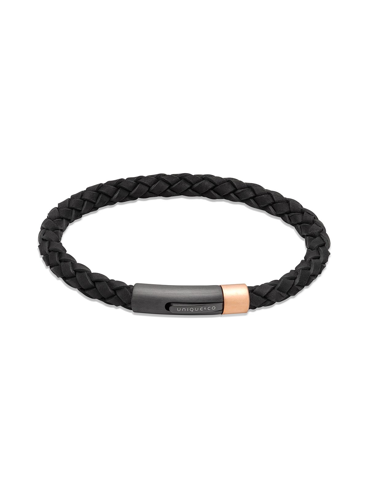 Unique & Co. 21cm Black Leather Bracelet with Black and Rose Gold Clasp
