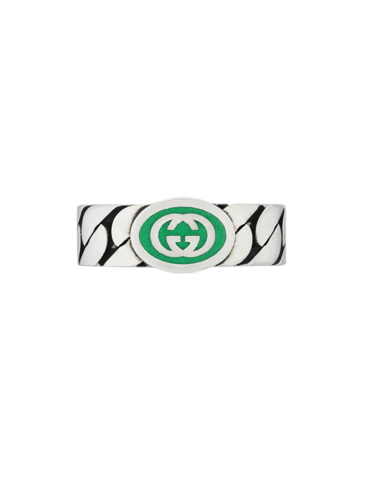 Gucci Interlocking Ring in Silver & Green Enamel - Size 14