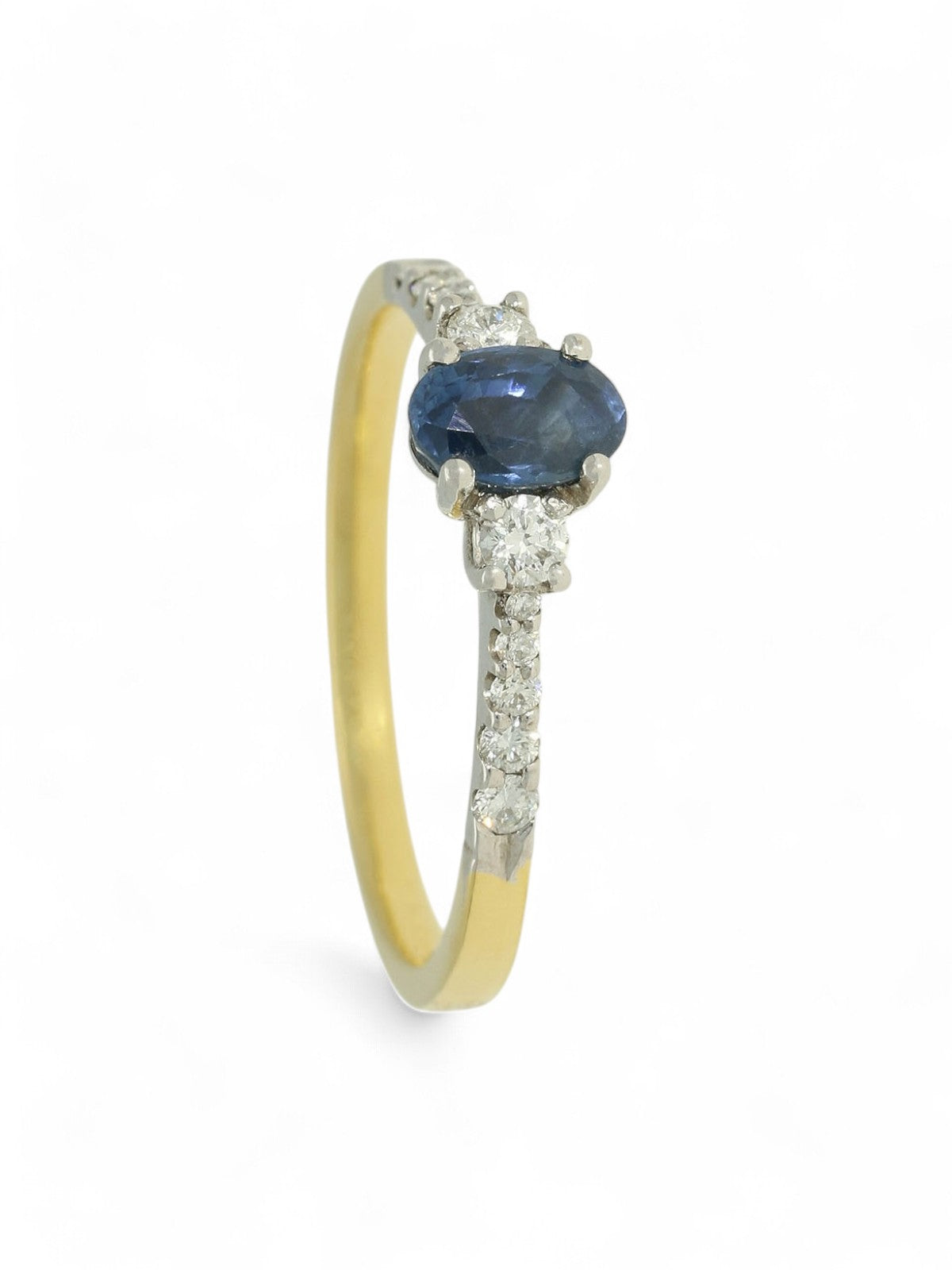 Sapphire & Diamond Three Stone Ring in 18ct Yellow & White Gold with Diamond Shoulders