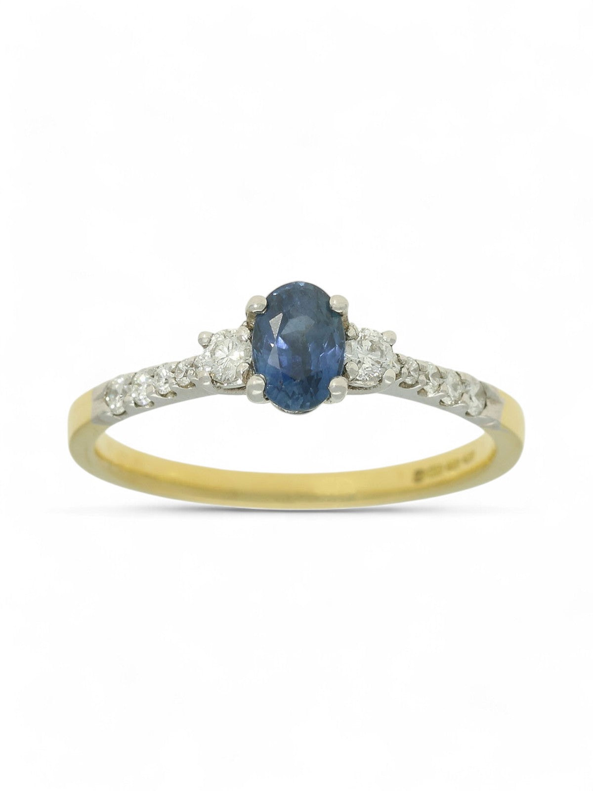 Sapphire & Diamond Three Stone Ring in 18ct Yellow & White Gold with Diamond Shoulders