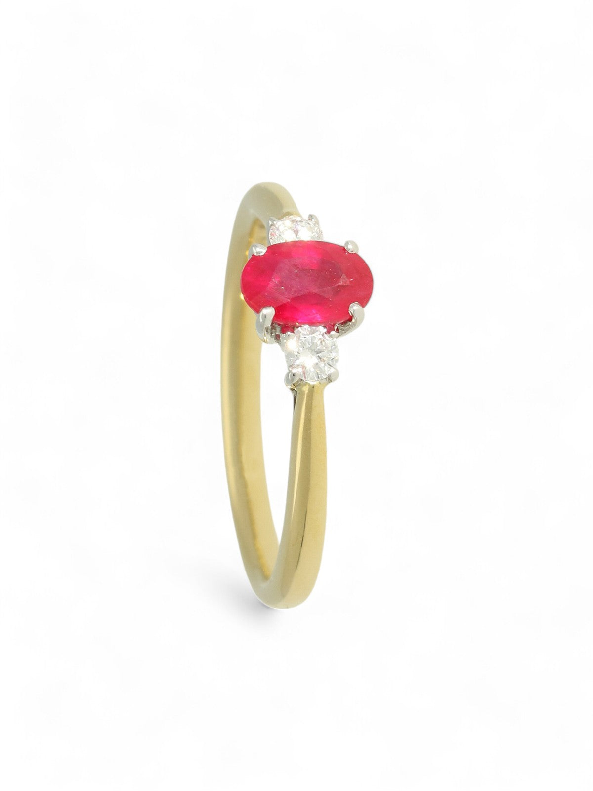 Ruby & Diamond Oval Three Stone Ring in 18ct Yellow & White Gold