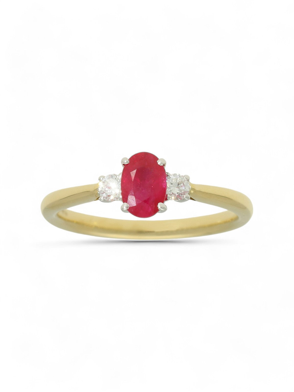 Ruby & Diamond Oval Three Stone Ring in 18ct Yellow & White Gold