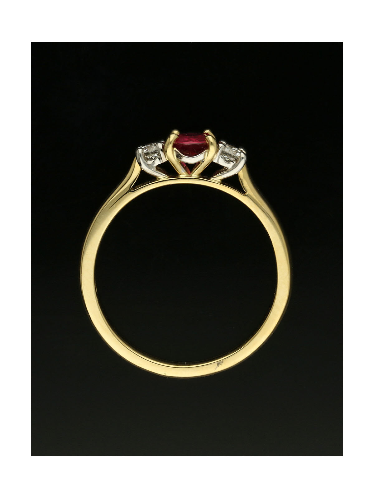 Ruby & Diamond Round Brilliant Three Stone Ring in 18ct Yellow & White Gold