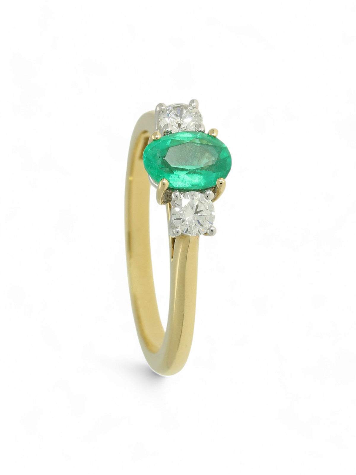 Emerald & Diamond Oval Three Stone Ring in 18ct Yellow & White Gold