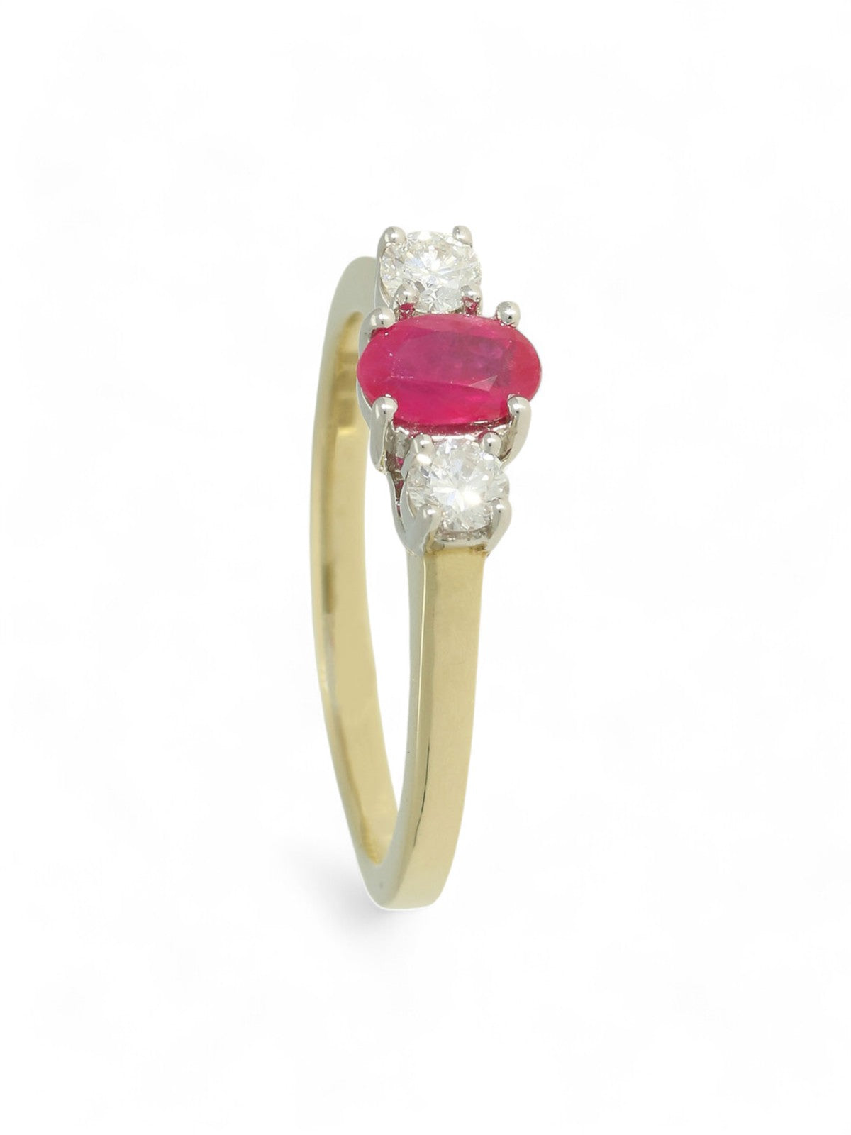 Ruby & Diamond Three Stone Ring in 9ct Yellow Gold