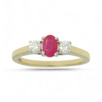 Ruby & Diamond Three Stone Ring in 9ct Yellow Gold